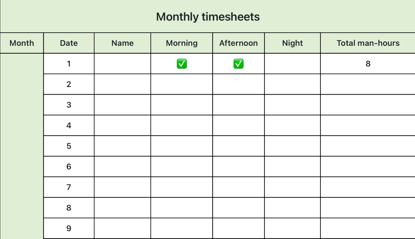 Monthly timesheets